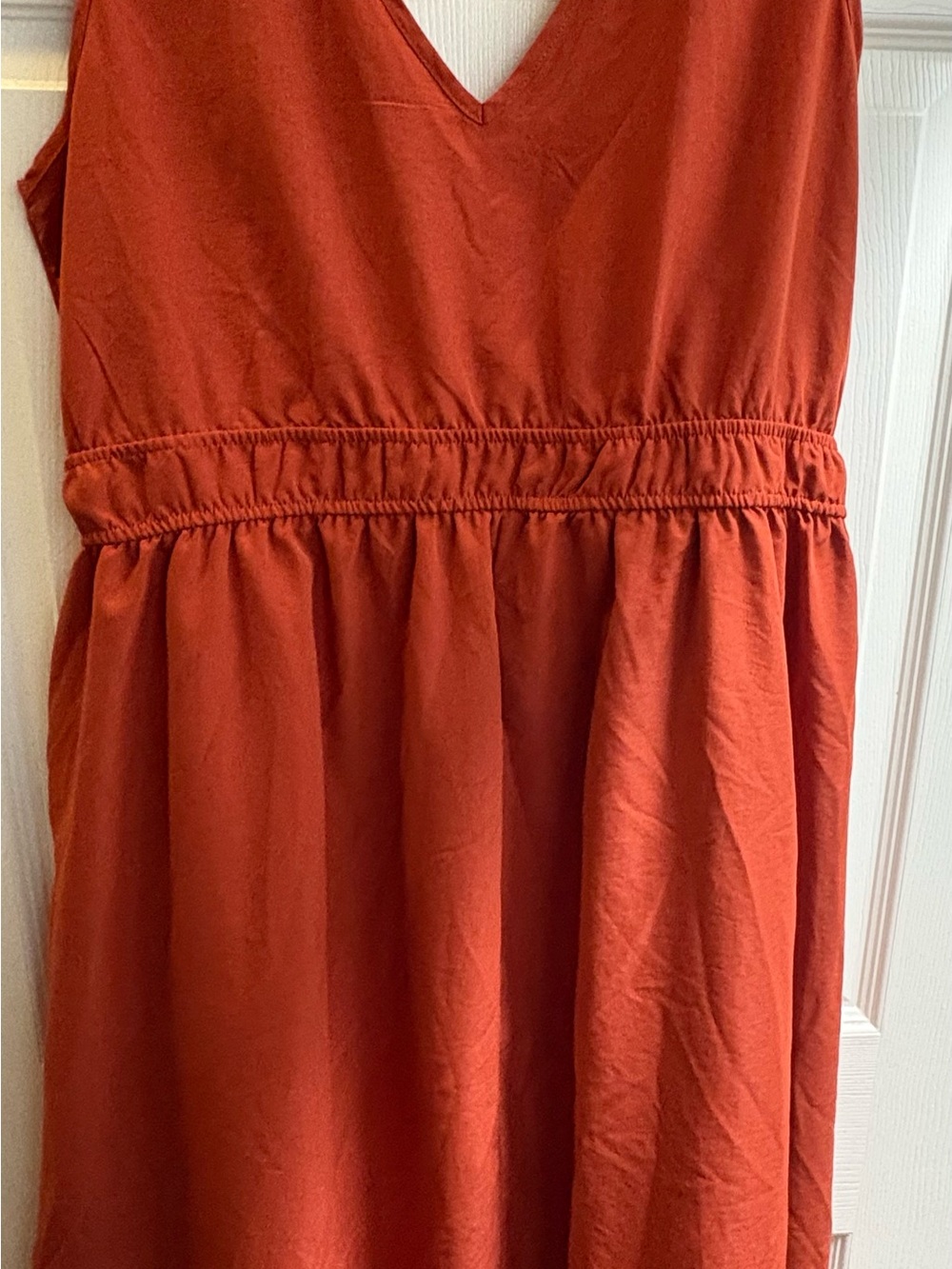 BloomChic Rust Orange Stretchy Waist Solid Pockets Midi Dress